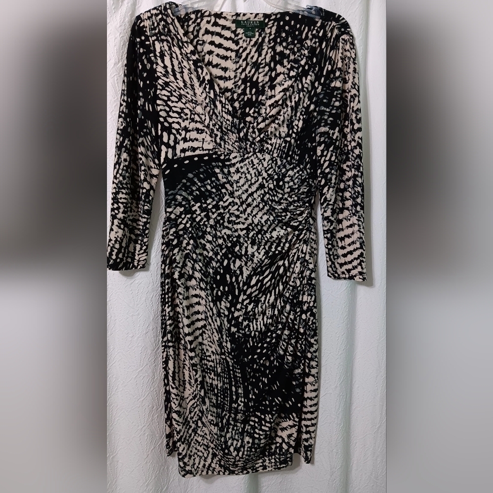 Lauren Ralph Lauren Faux Wrap Ruched Dress Black & Cream Women’s Size 4